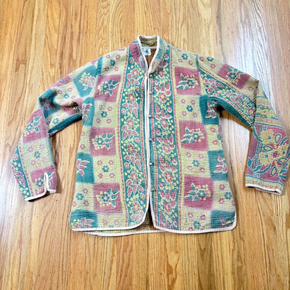 KANTHA Indigo Collection Multicolor Quilted Jacket Pockets Womens Size Medium